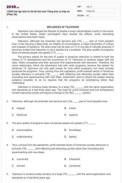 15000 bài tập tách từ đề thi thử môn Tiếng Anh có đáp án (Phần 36)