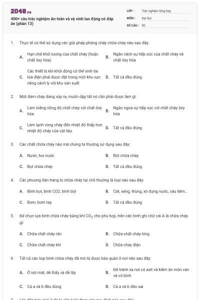 400+ câu trắc nghiệm An toàn và vệ sinh lao động có đáp án (phần 13)