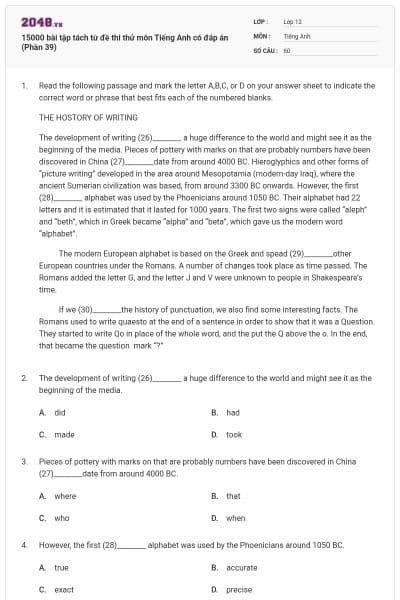 15000 bài tập tách từ đề thi thử môn Tiếng Anh có đáp án (Phần 39)