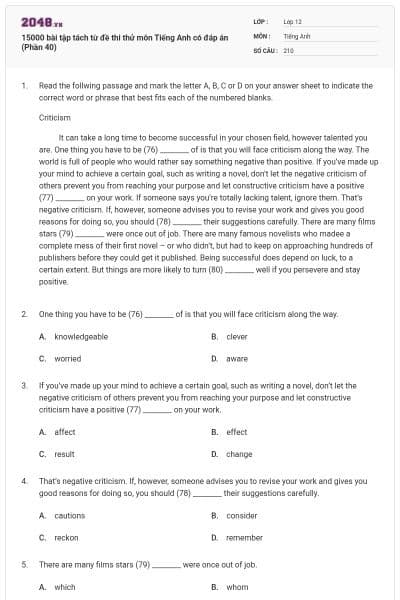 15000 bài tập tách từ đề thi thử môn Tiếng Anh có đáp án (Phần 40)