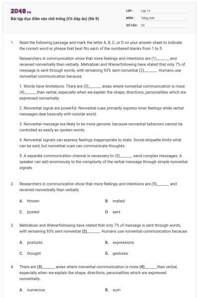 Bài tập đọc điền vào chỗ trống (Có đáp án) (Đề 9)