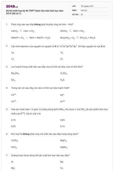Đề thi minh họa kỳ thi THPT Quốc Gia môn hóa học năm 2019 (Đề số 1)