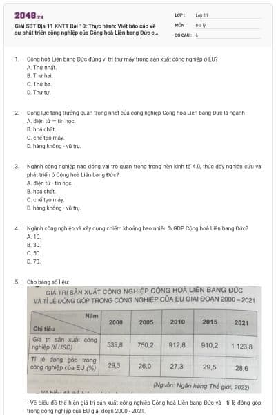 Giải SBT Địa 11 KNTT Bài 10: Thực hành: Viết báo cáo về sự phát triển công nghiệp của Cộng hoà Liên bang Đức có đáp án