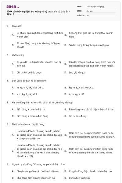 300+ câu trắc nghiệm Đo lường và kỹ thuật đo có đáp án - Phần 8