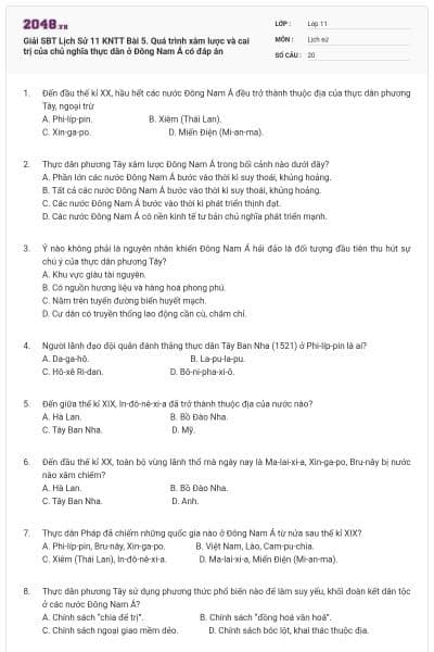 Giải SBT Lịch Sử 11 KNTT Bài 5. Quá trình xâm lược và cai trị của chủ nghĩa thực dân ở Đông Nam Á có đáp án