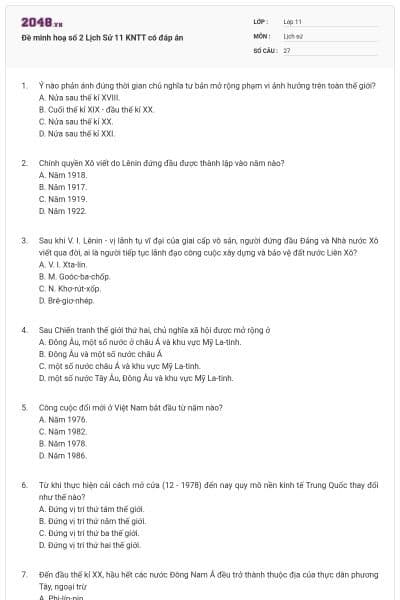 Đề minh hoạ số 2 Lịch Sử 11 KNTT có đáp án