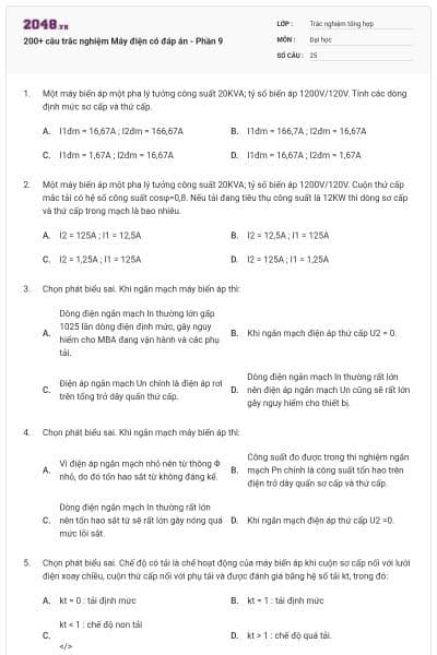 200+ câu trắc nghiệm Máy điện có đáp án - Phần 9