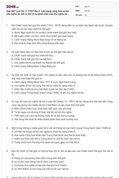 Giải SBT Lịch Sử 11 CTST Bài 3. Liên bang cộng hoà xã hội chủ nghĩa xô viết ra đời và sự phát triển của chủ nghĩa xã hội sau chiến tranh thế giới thứ hai có đáp án