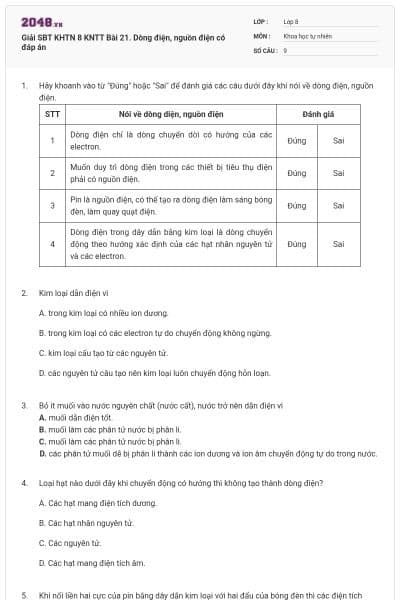 Giải SBT KHTN 8 KNTT Bài 21. Dòng điện, nguồn điện có đáp án