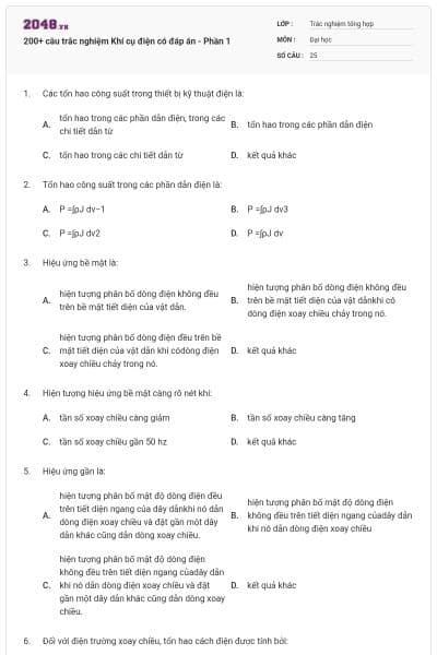 200+ câu trắc nghiệm Khí cụ điện có đáp án - Phần 1