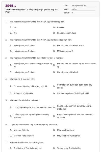 200+ câu trắc nghiệm Cơ sở kỹ thuật điện lạnh có đáp án - Phần 1