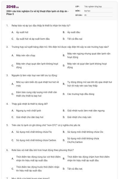 200+ câu trắc nghiệm Cơ sở kỹ thuật điện lạnh có đáp án - Phần 5