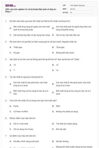 200+ câu trắc nghiệm Cơ sở kỹ thuật điện lạnh có đáp án - Phần 7