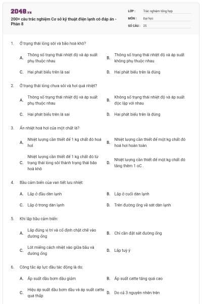 200+ câu trắc nghiệm Cơ sở kỹ thuật điện lạnh có đáp án - Phần 8