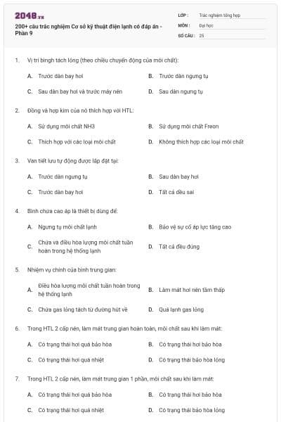 200+ câu trắc nghiệm Cơ sở kỹ thuật điện lạnh có đáp án - Phần 9