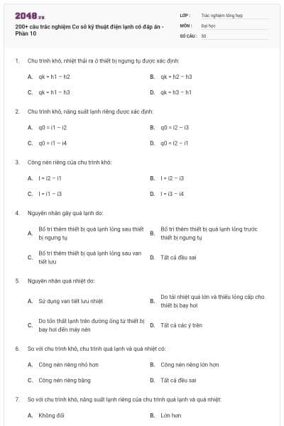 200+ câu trắc nghiệm Cơ sở kỹ thuật điện lạnh có đáp án - Phần 10