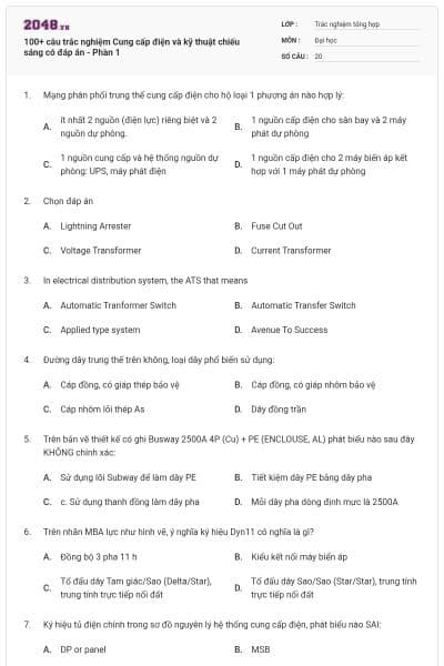 100+ câu trắc nghiệm Cung cấp điện và kỹ thuật chiếu sáng có đáp án - Phần 1