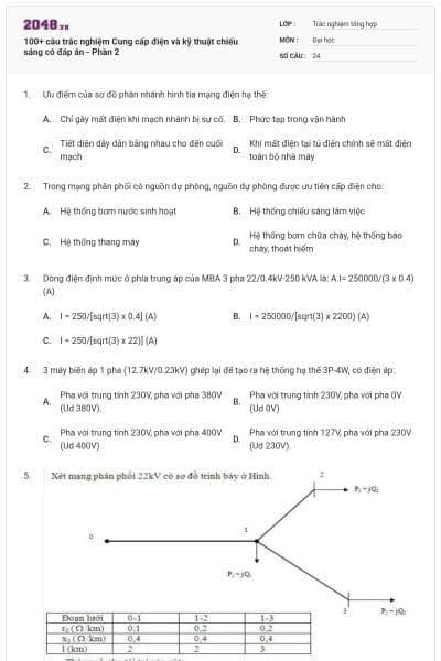 100+ câu trắc nghiệm Cung cấp điện và kỹ thuật chiếu sáng có đáp án - Phần 2