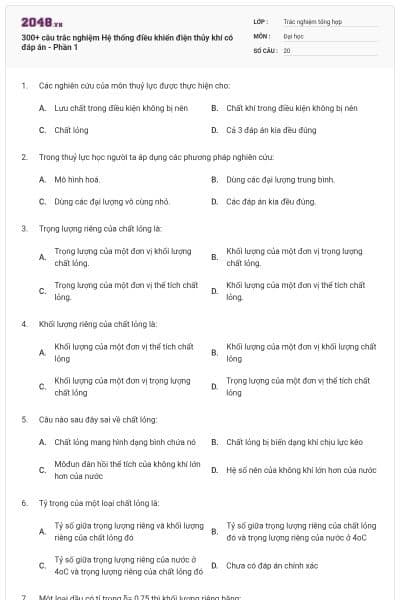 300+ câu trắc nghiệm Hệ thống điều khiển điện thủy khí có đáp án - Phần 1