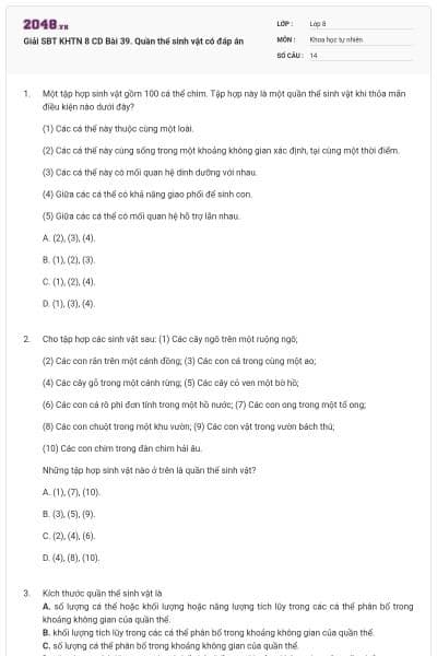 Giải SBT KHTN 8 CD Bài 39. Quần thể sinh vật có đáp án