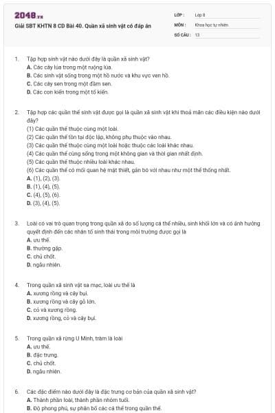 Giải SBT KHTN 8 CD Bài 40. Quần xã sinh vật có đáp án