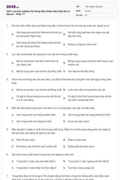 300+ câu trắc nghiệm Hệ thống điều khiển điện thủy khí có đáp án - Phần 11