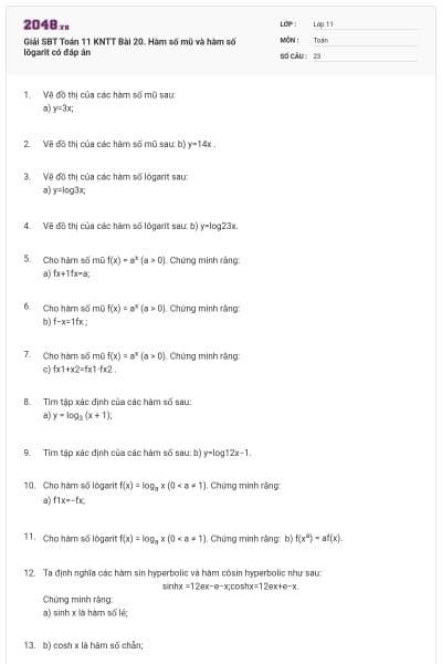 Giải SBT Toán 11 KNTT Bài 20. Hàm số mũ và hàm số lôgarit có đáp án