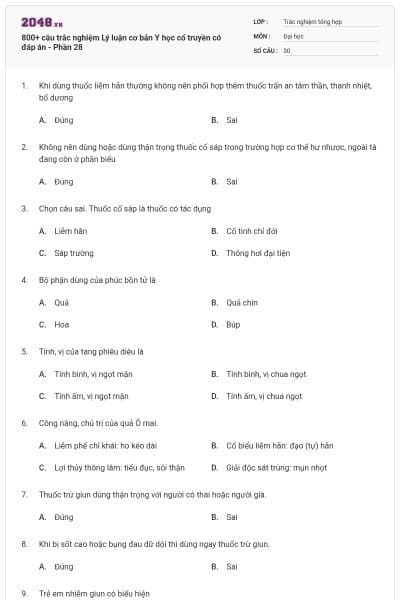 800+ câu trắc nghiệm Lý luận cơ bản Y học cổ truyền có đáp án - Phần 28