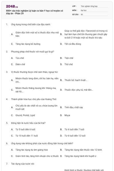 800+ câu trắc nghiệm Lý luận cơ bản Y học cổ truyền có đáp án - Phần 29