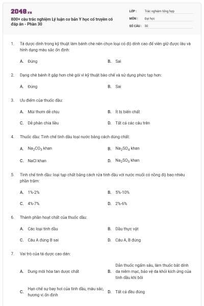 800+ câu trắc nghiệm Lý luận cơ bản Y học cổ truyền có đáp án - Phần 30