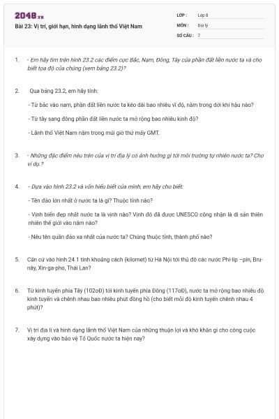 Bài 23: Vị trí, giới hạn, hình dạng lãnh thổ Việt Nam