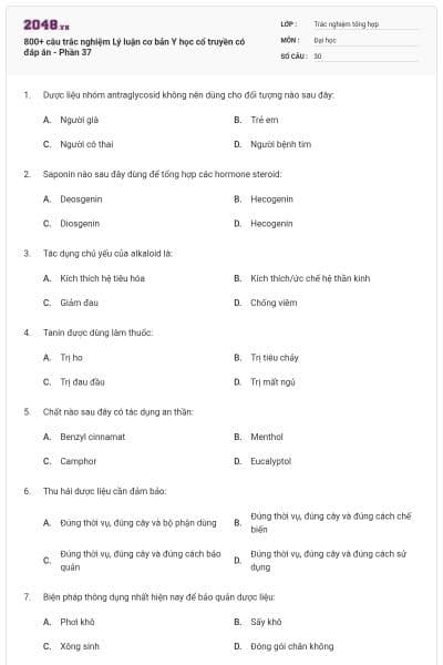 800+ câu trắc nghiệm Lý luận cơ bản Y học cổ truyền có đáp án - Phần 37