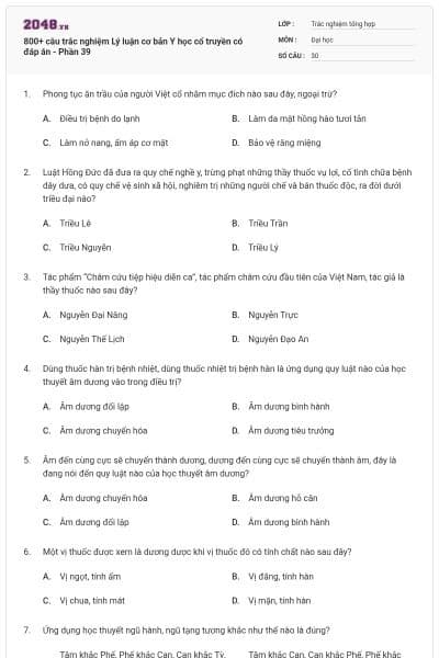 800+ câu trắc nghiệm Lý luận cơ bản Y học cổ truyền có đáp án - Phần 39