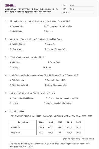 Giải SBT Địa Lí 11 KNTT Bài 25. Thực hành: viết báo cáo về hoạt động kinh tế đối ngoại của Nhật Bản có đáp án
