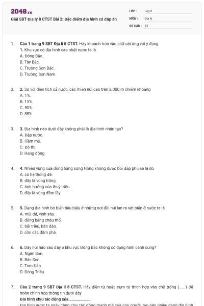 Giải SBT Địa lý 8 CTST Bài 2: Đặc điểm địa hình có đáp án