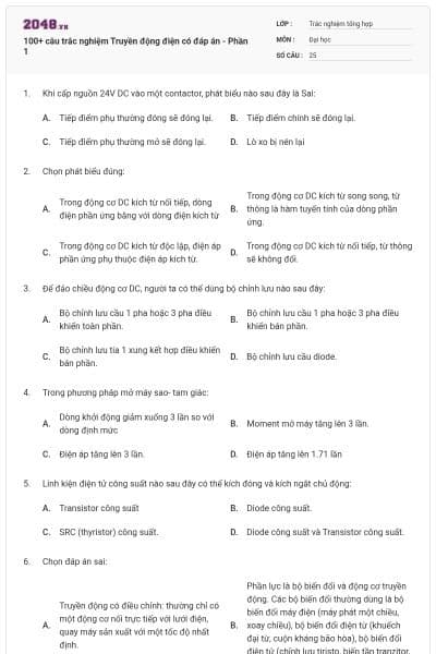 100+ câu trắc nghiệm Truyền động điện có đáp án - Phần 1