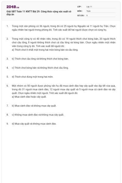 Giải SBT Toán 11 KNTT Bài 29. Công thức cộng xác suất có đáp án