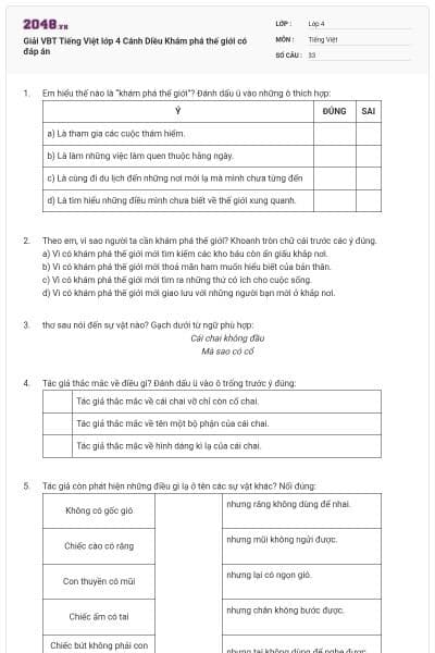 Giải VBT Tiếng Việt lớp 4 Cánh Diều Khám phá thế giới có đáp án