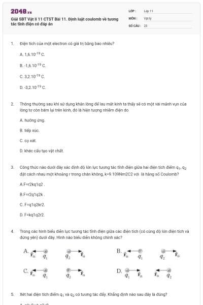 Giải SBT Vật lí 11 CTST Bài 11. Định luật coulomb về tương tác tĩnh điện có đáp án