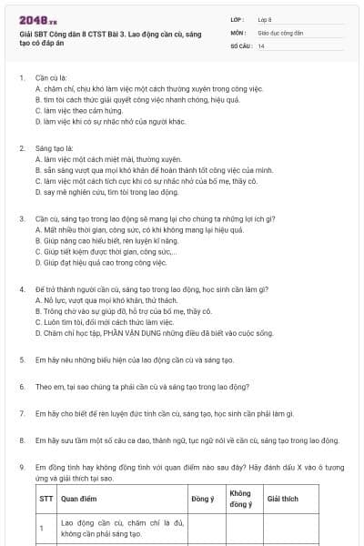Giải SBT Công dân 8 CTST Bài 3. Lao động cần cù, sáng tạo có đáp án