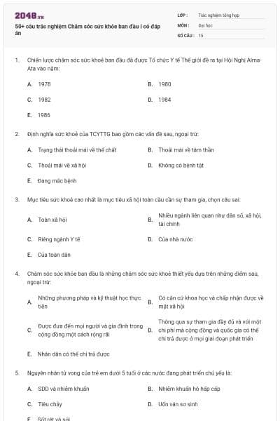 50+ câu trắc nghiệm Chăm sóc sức khỏe ban đầu I có đáp án