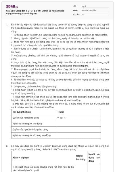 Giải SBT Công dân 8 CTST Bài 10. Quyền và nghĩa vụ lao động của công dân có đáp án