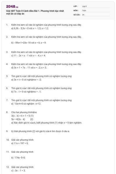 Giải SBT Toán 8 Cánh diều Bài 1. Phương trình bậc nhất một ẩn có đáp án