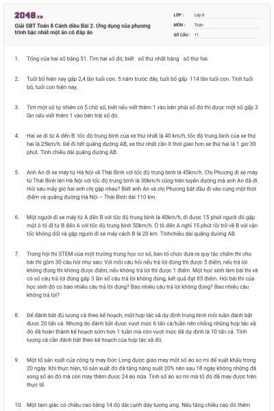 Giải SBT Toán 8 Cánh diều Bài 2. Ứng dụng của phương trình bậc nhất một ẩn có đáp án