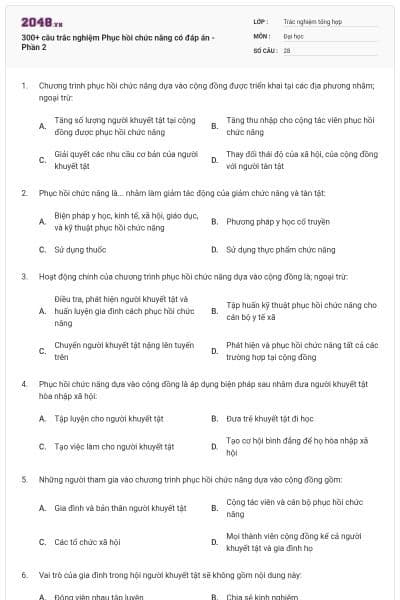 300+ câu trắc nghiệm Phục hồi chức năng có đáp án - Phần 2