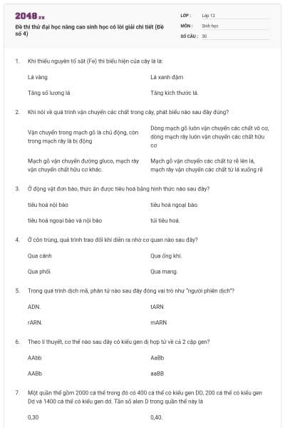 Đề thi thử đại học nâng cao sinh học có lời giải chi tiết (Đề số 4)