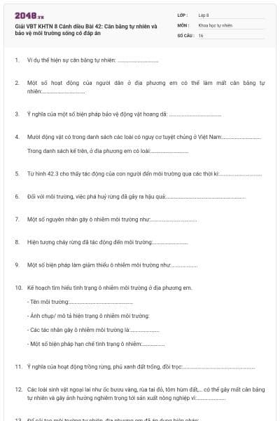 Giải VBT KHTN 8 Cánh diều Bài 42: Cân bằng tự nhiên và bảo vệ môi trường sống có đáp án