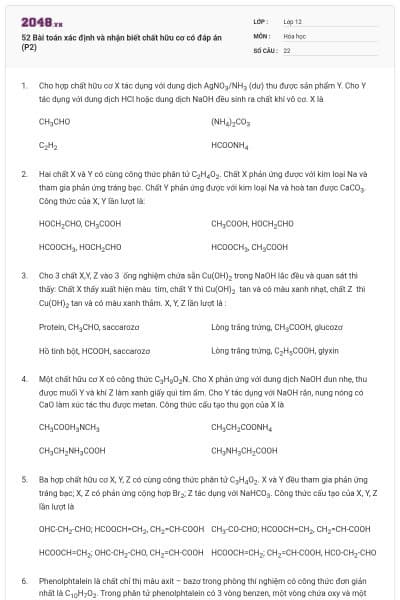 52 Bài toán xác định và nhận biết chất hữu cơ có đáp án (P2)