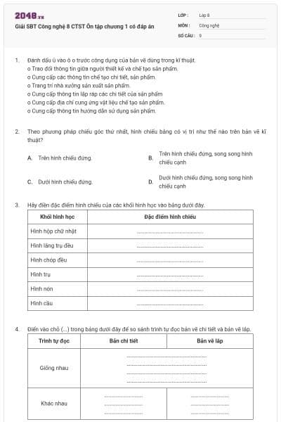 Giải SBT Công nghệ 8 CTST Ôn tập chương 1 có đáp án