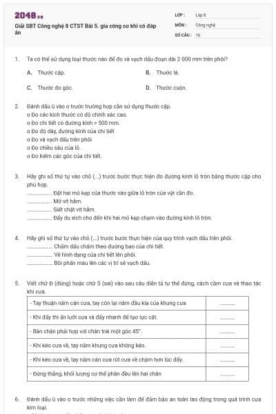 Giải SBT Công nghệ 8 CTST Bài 5. gia công cơ khí có đáp án